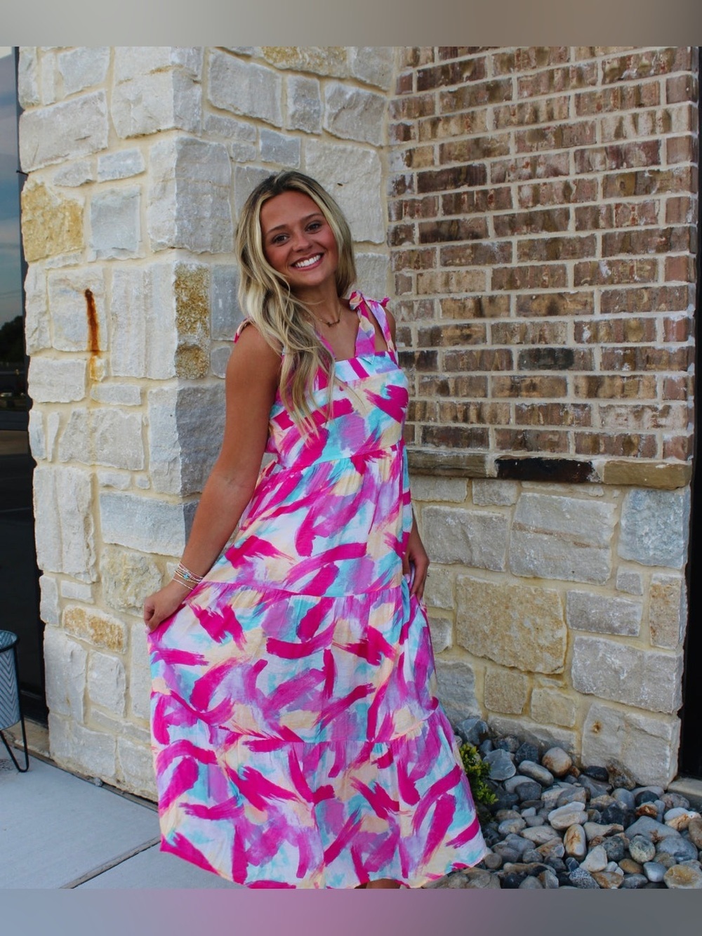 Blu Pepper Brush Stroke Print Tiered Midi Dress Size Medium NWT